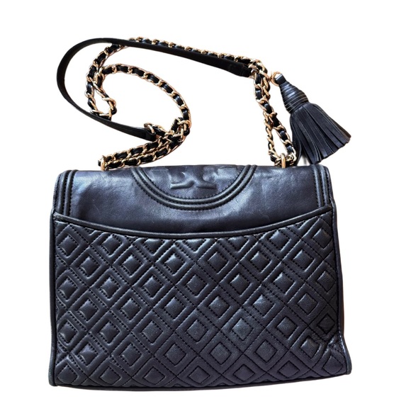 Black Tory Burch Fleming Convertible Bag Quilted Leather Crossbody or Shoulder - Picture 2 of 11